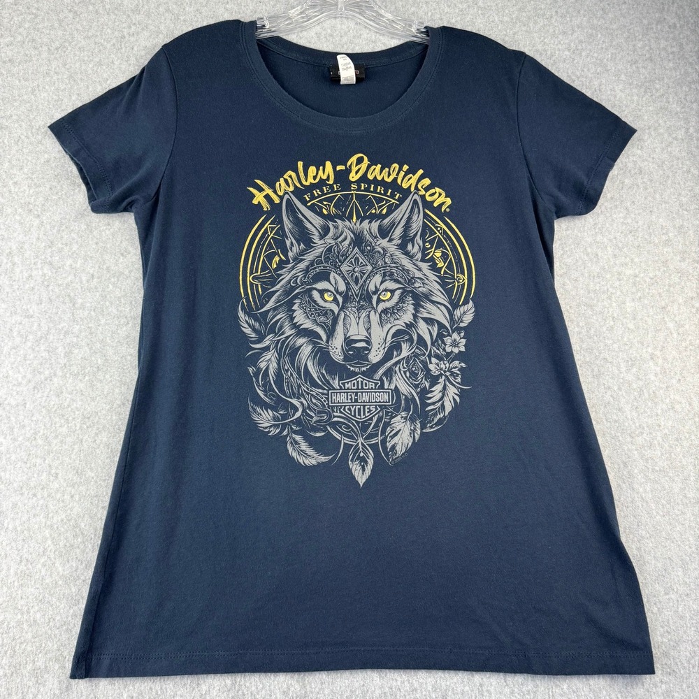 Harley Davidson Women's XL Lone Wolf Dealer Tee Spokane WA Motorcycle Navy